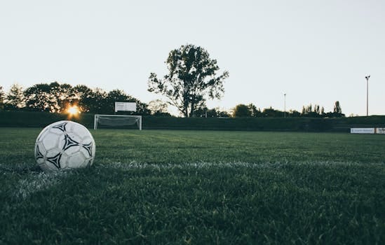 Soccer ball on field at sunrise, serene landscape with goalpost in background. Soccer, Futebol.