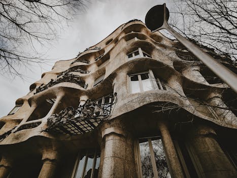 Low angle shot of Casa Mila's unique wavy facade in Barcelona. casa.