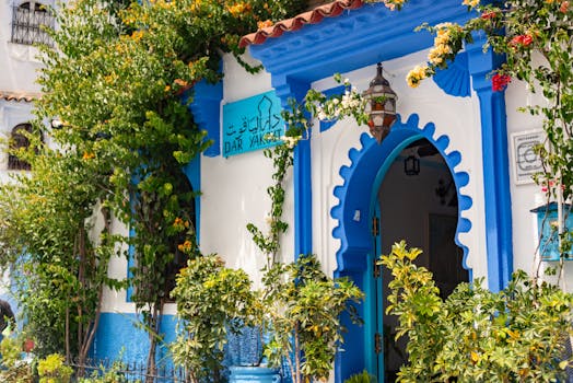 Beautiful blue-and-white building entrance adorned with lush greenery in Chefchaouen, Morocco. Casa.