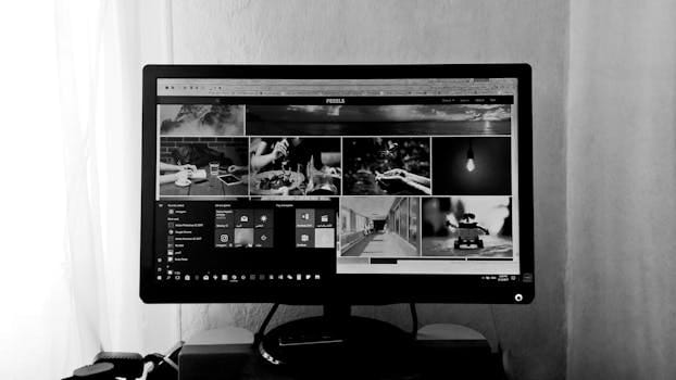 A black and white photo of a computer monitor displaying various images and applications in an indoor setting. Monitores 4KMonitores 4K.