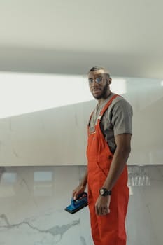 Indoor photo of a man in red overalls and glasses holding a cleaning brush, standing confidently. Jobs, Empregos.
