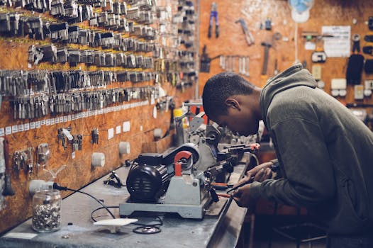 A focused craftsman works in a key-making workshop surrounded by tools and equipment. Jobs. Empregos. 