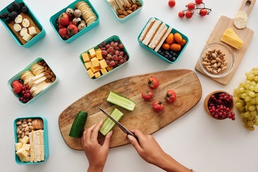 Overhead view of fresh fruit and vegetables being prepared for a healthy lunch. lunch box, food, comida.